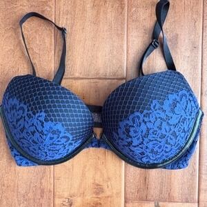 Victoria's Secret Very Sexy Push-Up Pigeonnant Bra 34D Blue Black Gothic‎ Mesh
